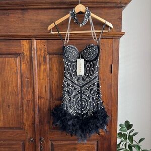 NIKBK Sexy Feather Rhinestone Burlesque Nightout Clubwear Birthday Party Dress